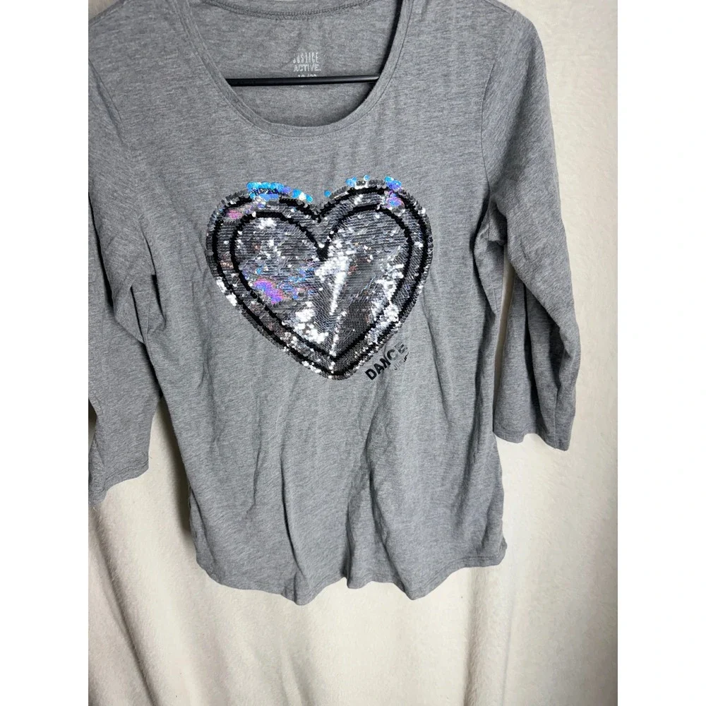 Justice Active Girls Heather Gray Flip Sequin Heart Dance Top Size 18/20